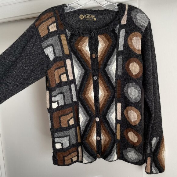 La Vicunita Peruvian Baby Alpaca Cardigan Sweater Size M Gray Multi Aztec Geo - Picture 3 of 15